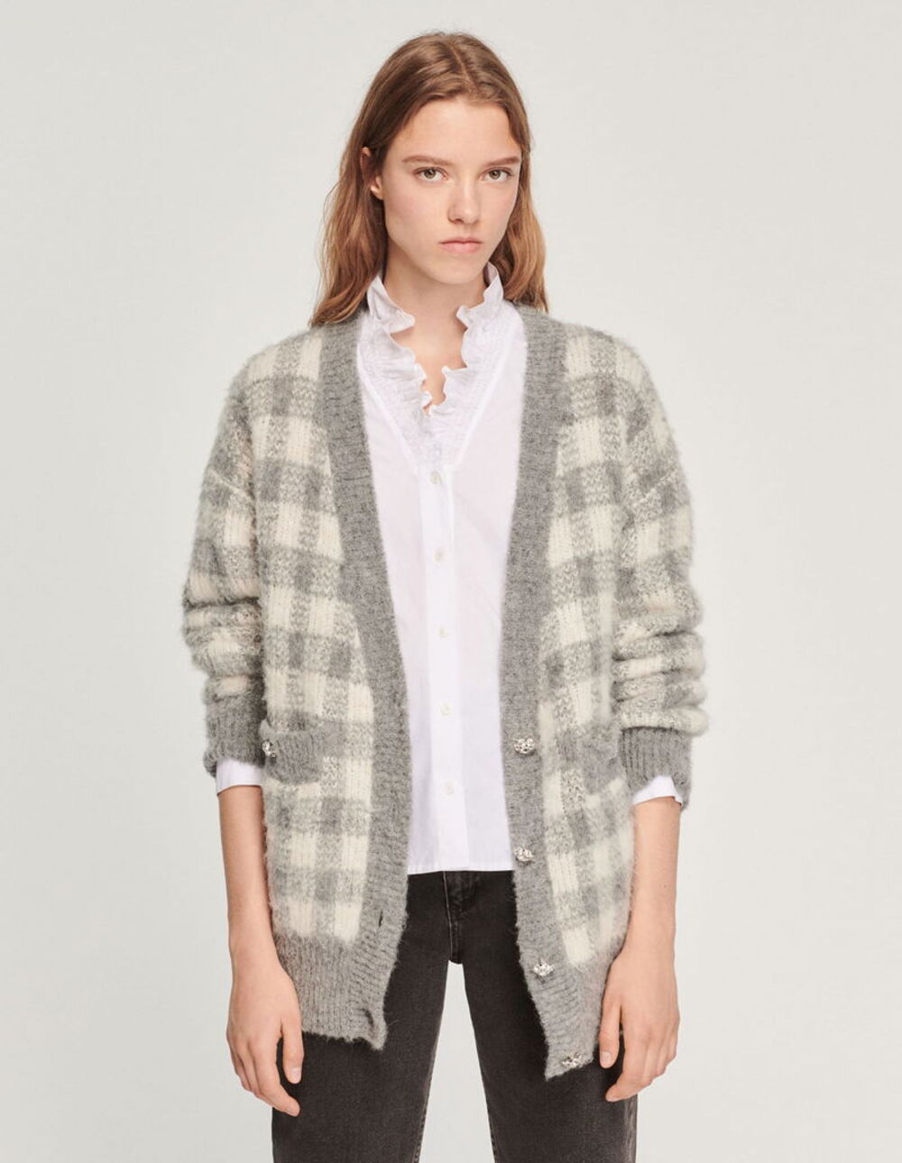 Sandro Gray Plaid Wool Cardigan Crystal Buttons Oversized Sweater NWT
